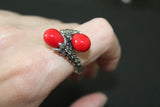 Earrings black sterling silver 925 with marcasite and red lab coral