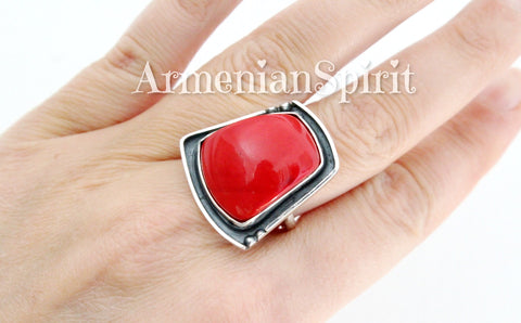 Silver 925 Ring red artificial coral