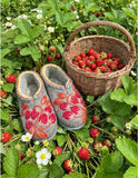 Wild strawberry embroidery indoor woolen slip on slippers on a green grass near a basket full of wild berries.