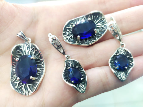 Set Ring Earrings Pendant blue Silver 925