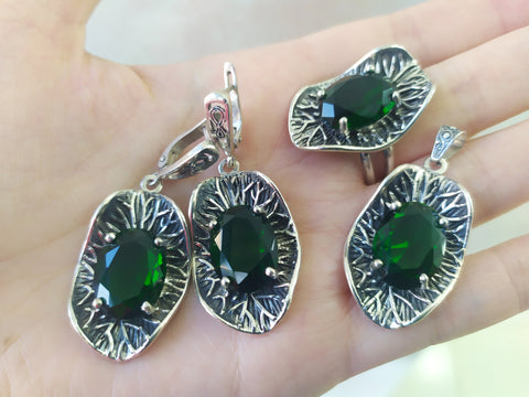 Set Ring Earrings Pendant green Silver 925