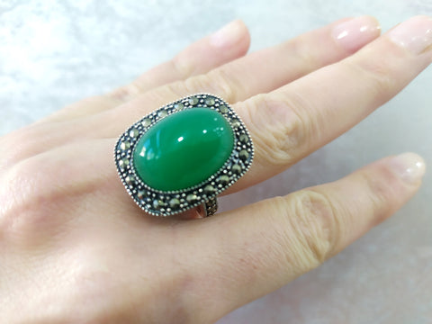 Marcasite ring Silver 925 Green jadeite