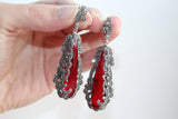Very long earrings black big onyx Marcasite SILVER 925