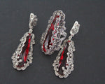 Earrings and ring 925 Silver SET Big red topaz stones Marcasite