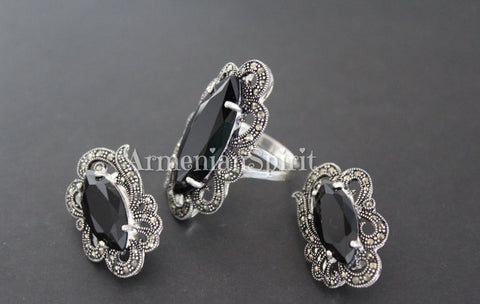 Vintage earrings and ring with marcasites silver 925