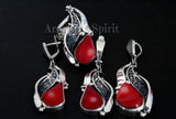 Silver one of a kind pendant, ring and earrings with red natural coral stones made from sterling silver by Armenian artisans. 
