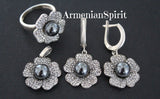 Silver 925 earrings ring pendant black pearl