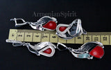 Silver jewelry with red coral natural stones on a black background, featuring 'Armenian Spirit' branding.