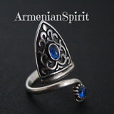 Searching for Armenian store where you can buy sterling jewelry with high quality and beautiful gemstones like a shop ruby lane? Visit our Armenian store with handcrafted jewelry. This ring is made in ethnic tribal style with Armenian traditional pattern in daraz style with bright light blue oval and round stone. The ring is adjustable and suitable for american sizes Us 6, 7, 8, 9. Buy Armenian taraz thumb ring online from Armenian jewelry store with high quality silver 925.