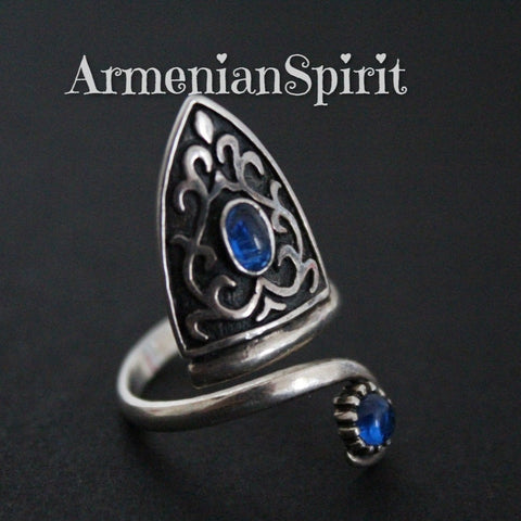 Searching for Armenian store where you can buy sterling jewelry with high quality and beautiful gemstones like a shop ruby lane? Visit our Armenian store with handcrafted jewelry. This ring is made in ethnic tribal style with Armenian traditional pattern in daraz style with bright light blue oval and round stone. The ring is adjustable and suitable for american sizes Us 6, 7, 8, 9 