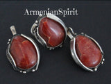 Buy handcrafted jewelry set which consist of oval earrings and ring  with unique design and one of a kind with coral gemstones. The jewelry set is made with unique design which is idea of Armenian artisan and jewelry maker. The pattern has details of Armenian taraz tradtional costume. ornament is very rare and Armenian jewelry makers can make a really neat work.