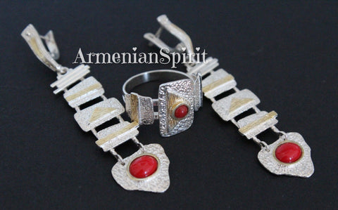 Long earrings and ring Sterling silver Coral