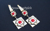 buy geometric earrings non blackened white silver . Handmade sterling jewelry with red coral cabochon gemstone.