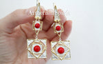 very long white silver earrings with natural coral gem