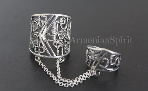 Discover the beauty and significance of the Armenian language with our Double Ring Armenian Alphabet Silver 925! Crafted with intricate detail, this ring features the Mesrop Mashtots alphabet, created in Oshakan. Embrace your heritage and showcase your love for language with this symbolic piece.