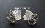 Want to buy small leaf earrings for small earlobe? These silver and gold earrings are with small round cabochon labradorite gemstone.