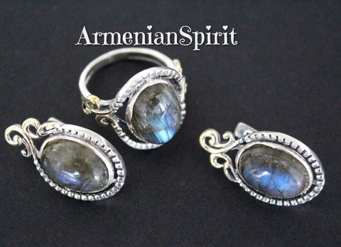 Ring earrings silver 925 Labradorite