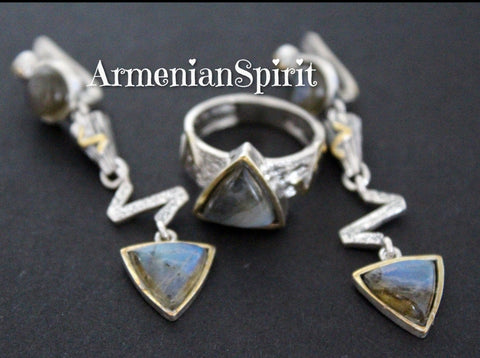 Enhance your chic lifestyle with our high-quality sterling silver 925 earrings and ring in a stunning triangle design. Featuring labradorite and gold-plated accents, these pieces are not only beautiful, but also the perfect accessory for Aquarius birthstones, known to attract love and a partner. Elevate your style with Armenian Spirit from our etsy shop.  Enjoy discounts, free shipping with tracking, and the convenience of online purchasing on platforms such as Etsy and eBay.