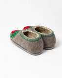 A pair of gray felt house slippers decorated with red embroidered flowers and green leaves on the toe area, with a cream-colored stitched trim around the opening.