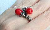 Earrings black sterling silver 925 with marcasite and red lab coral