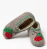A pair of gray felt house slippers booties decorated with red berry and green leaf embroidery, shown on a clean white background.