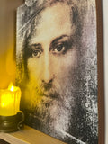 A beautiful handmade Epitaphios icon featuring Jesus Christ, created on thick natural wood with a lighted candle in front. The natural wooden surface and unframed design give the piece a warm, traditional character. Ideal for Christian home decor, devotional spaces, or as a special gift. Available with free shipping online.