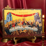Sacred Christian wall art Mystical Last Supper icon on natural pine wood backdrop with yellow and brown colors on old style wood.