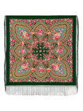 Square green merino wool palatine scarf with pink  floral patterns and fringes on a green background.