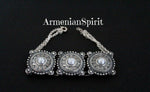 This traditional Armenian inspired bracelet features large details and chunky design, handmade with high quality sterling silver 925. Adorned with pearls, it adds a touch of elegance to any outfit. Perfect for those wanting to embrace their Armenian heritage or appreciate Western Armenian jewelry.
