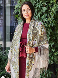 This mint and purple floral shawl with long silky fringe is beautiful in motion. A woman wearing it looks modern and bohemian at the same time. The large size makes it perfect for wrapping and layering.