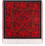 Luxurious, oversized red vintage flowers woolen blanket shawl with extensive fringe detailing along the borders.