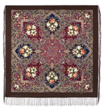 Square shawl with lily floral-pattern and vintage design on a brown background with fringe.