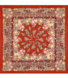 Wrapping square large scarf with floral and herbal patterns on a red background