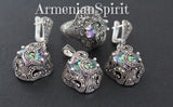 Luxury cosplay jewelry set in Tudor style earrings, ring and pendant with chain on a black surface with Armenian Spirit title.