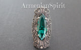 Armenian luxury ring with marcasite and emerald green gemstone wit brand name Armenian Spirit.