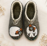 Medical woolen slippers handmade with sheep embroidery on a white background.
