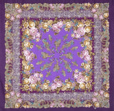 Wrapping square purple scarf made of cashmere like wool with floral and paisley patterns on a purple background.