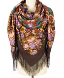Colorful floral patterned cashmere like merino wool scarf with fringes which covers full body. The shawl is extra large and made of premium merino wool in chocolate brown.