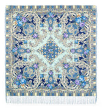 Square shawl with sky blue peony flowers in vintage style made of 100% merino wool and silky fringe.