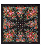 Floral patterned shawl square with pink and orange peony vintage flowers with a black background