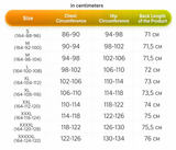 A size chart in centimeters showing chest circumference, hip circumference, and back length by size from S to XXXXXXL.