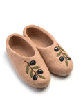 A pair of beige felt slip-on slippers decorated with embroidered olive branches and black olives, shown on a clean white background.