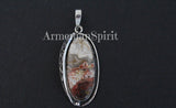 Oval pendant crazy lace agate with landscape picture made by Armenian silversmith from sterling silver 925.