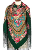 This merino wool shawl combines sea green, teal highlights, and pink vintage peonies for a soft, classic look. Large and warm, it’s ideal for winter walks or special occasions. The material is merino wool cashmere like and the fringes are silky.
