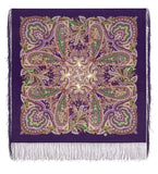 Square purple cashmere woolen shawl with ethnic green and beige pattern made of merino wool.