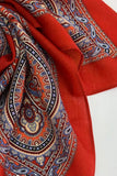Red Slavic shawl without fringe with intricate blue paisley pattern