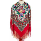 Colorful peony floral and paisley patterned wrapping scarf with red base. Made of merino wool and silky fringe. The shawl can be an accessory for Slavic style and for Slavic dances dancers as well.