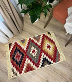 Decorative rug with geometric pattern on a wooden floor, surrounded by furniture and plants.