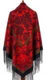 Red and black floral patterned merino wool Spanish shawl with fringes on a white background in flamenco style buy online.