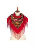 This ethnic 100% merino wool shawl is crafted from natural sheep wool. A beautiful Slavic shawl in deep red colors with vintage peony floral details.